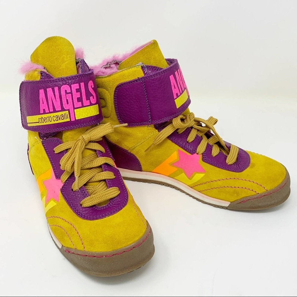 Vintage Y2K Roberto Cavalli Angels Girls High Top Sneakers EU 33 Mustard Leather